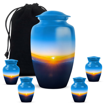 Serene Blue Blue Cremation Urn top-down view of secure threaded lid - elegant classic blue relief with fine detailing - memorial set with one large and four small urns