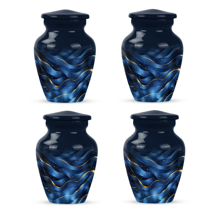 Misty Blue Blue Cremation Urn side profile showing urn shape - timeless blue motif etched into premium metal - 10 inch aluminum urn for cremated remains