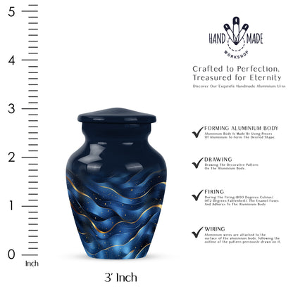 Misty Blue Blue Cremation Urn close-up of engraving and surface detail - classic sculpted blue pattern on smooth aluminum - mini keepsake memorial for portion of cremation ashes