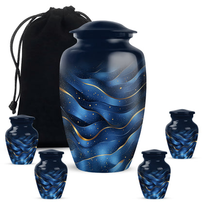 Vivid Blue Blue Cremation Urn top-down view of secure threaded lid - traditional blue engraving with hand-polished finish - memorial set with one large and four small urns