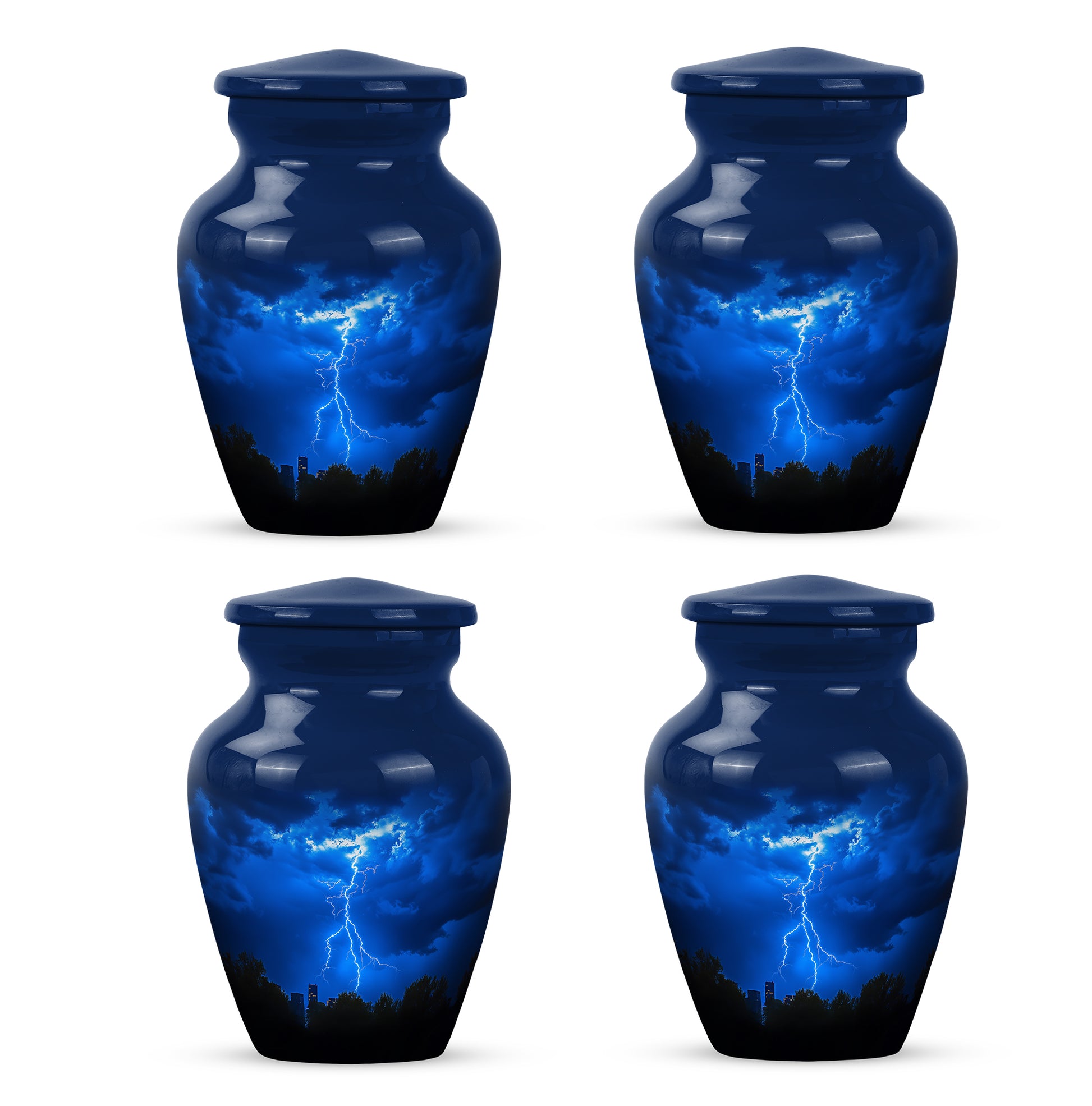 Soft Blue Blue Cremation Urn side profile showing urn shape - traditional blue engraving with hand-polished finish - 10 inch aluminum urn for cremated remains