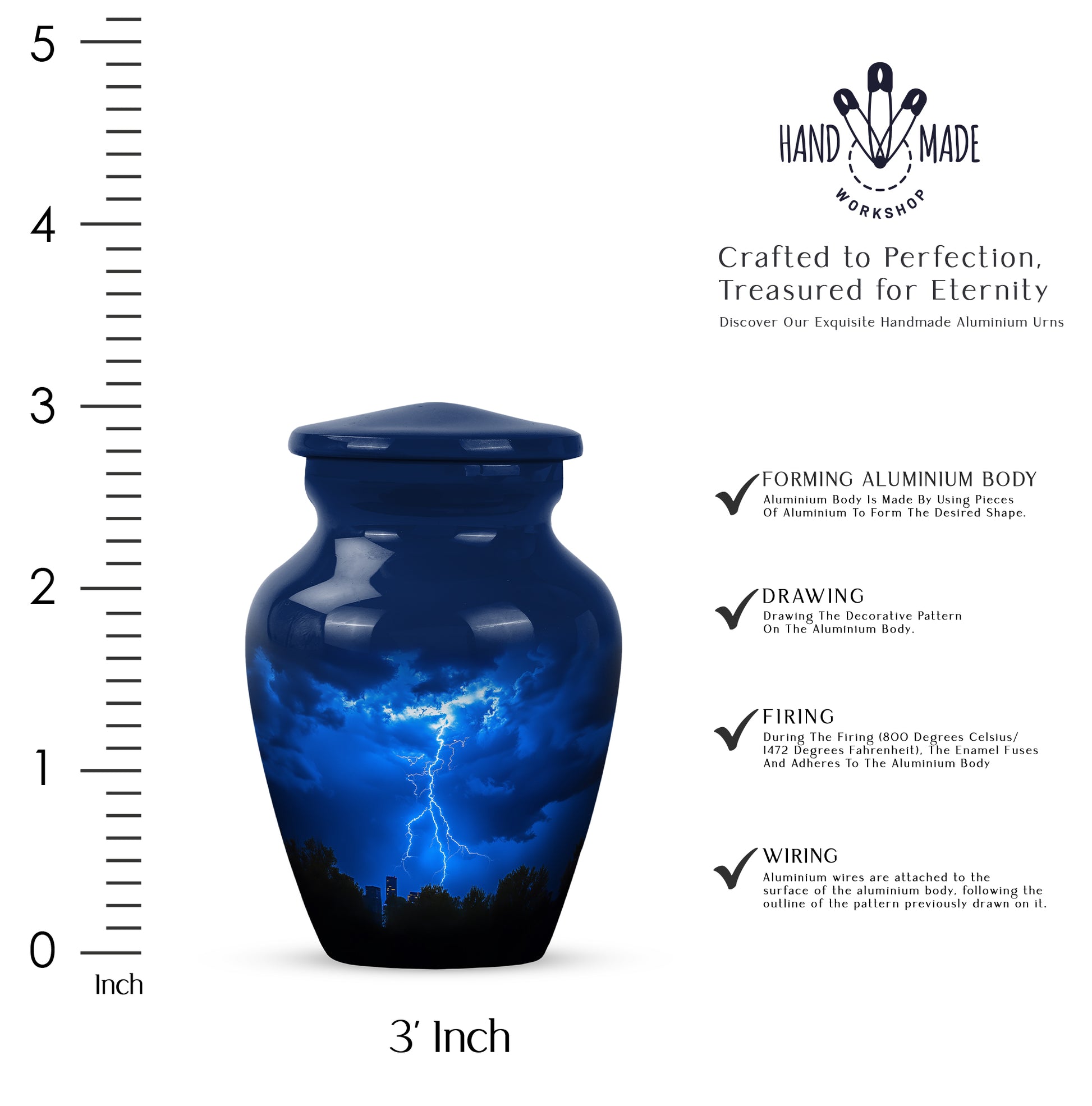 Indigo Blue Cremation Urn close-up of engraving and surface detail - timeless blue motif etched into premium metal - mini keepsake memorial for portion of cremation ashes