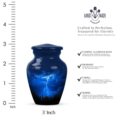 Indigo Blue Cremation Urn close-up of engraving and surface detail - timeless blue motif etched into premium metal - mini keepsake memorial for portion of cremation ashes