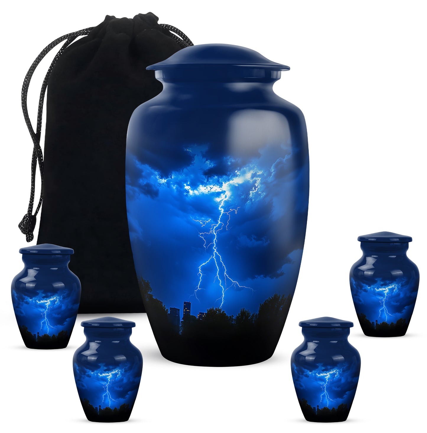 Steel Blue Blue Cremation Urn top-down view of secure threaded lid - elegant classic blue relief with fine detailing - memorial set with one large and four small urns