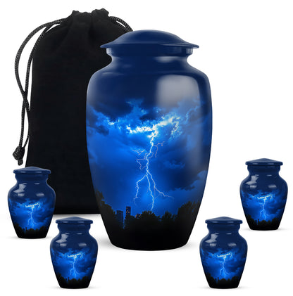 Steel Blue Blue Cremation Urn top-down view of secure threaded lid - elegant classic blue relief with fine detailing - memorial set with one large and four small urns