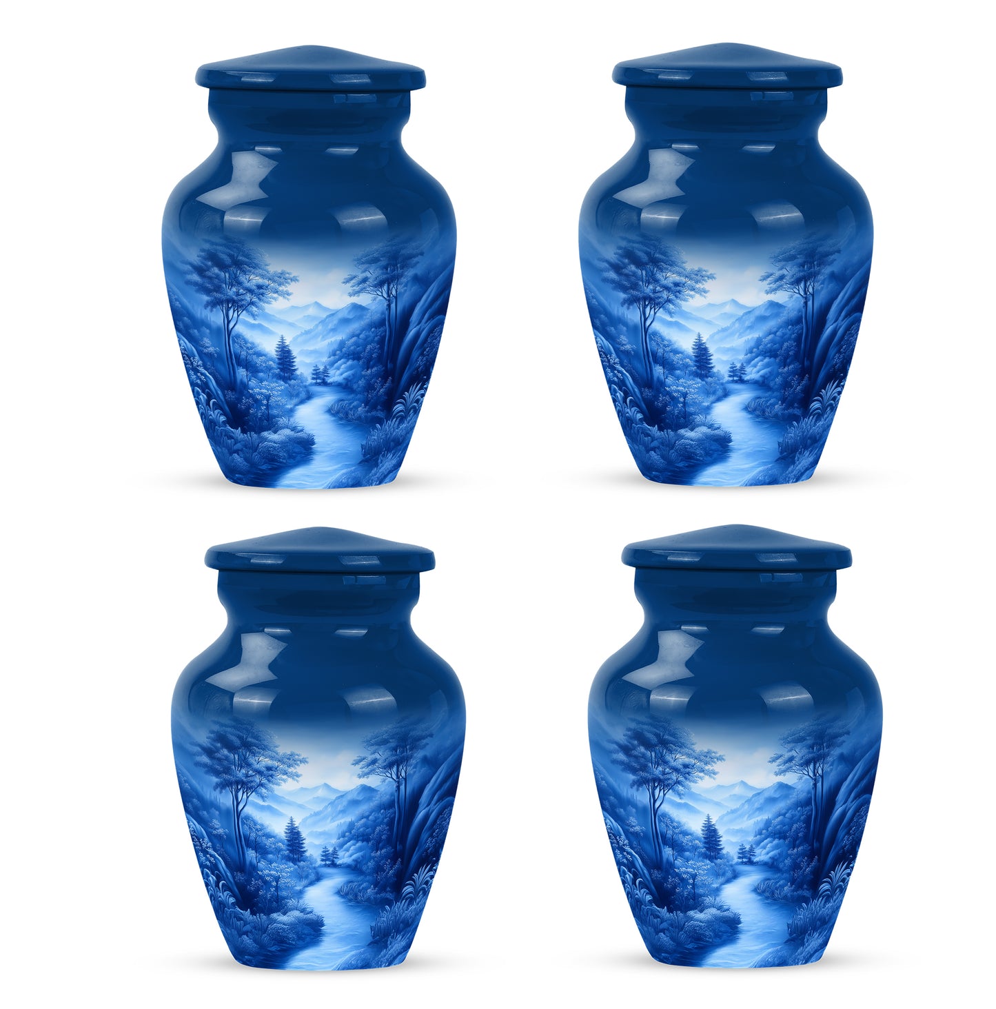 Misty Blue Blue Cremation Urn side profile showing urn shape - timeless blue motif etched into premium metal - 10 inch aluminum urn for cremated remains