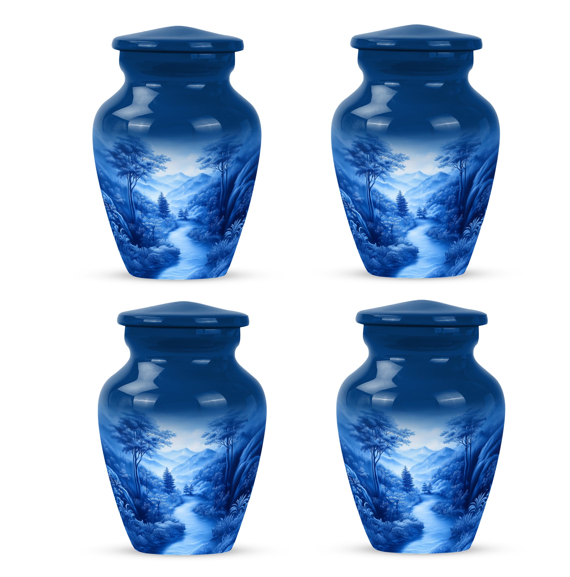 Misty Blue Blue Cremation Urn side profile showing urn shape - timeless blue motif etched into premium metal - 10 inch aluminum urn for cremated remains