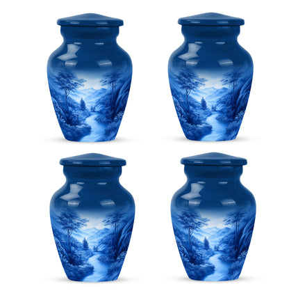 Misty Blue Blue Cremation Urn side profile showing urn shape - timeless blue motif etched into premium metal - 10 inch aluminum urn for cremated remains