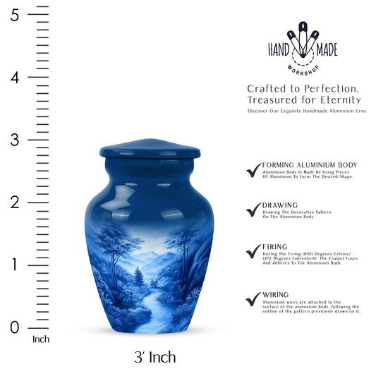 Royal Blue Blue Cremation Urn close-up of engraving and surface detail - traditional blue engraving with hand-polished finish - mini keepsake memorial for portion of cremation ashes