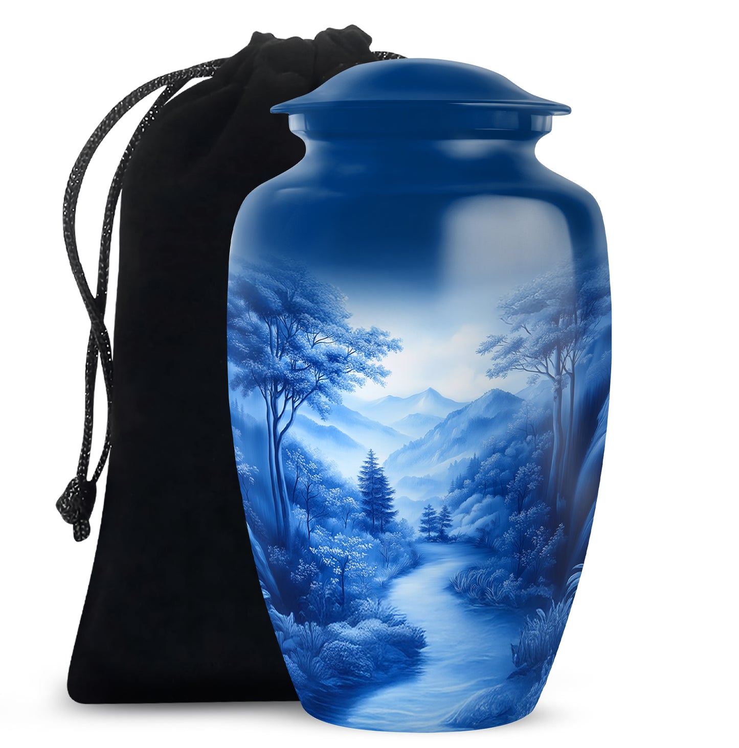 Bright Blue Blue Cremation Urn angled view of lid and engraved motif - traditional blue engraving with hand-polished finish - full-size 10 inch 200 cubic inch adult cremation urn