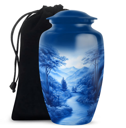 Bright Blue Blue Cremation Urn angled view of lid and engraved motif - traditional blue engraving with hand-polished finish - full-size 10 inch 200 cubic inch adult cremation urn