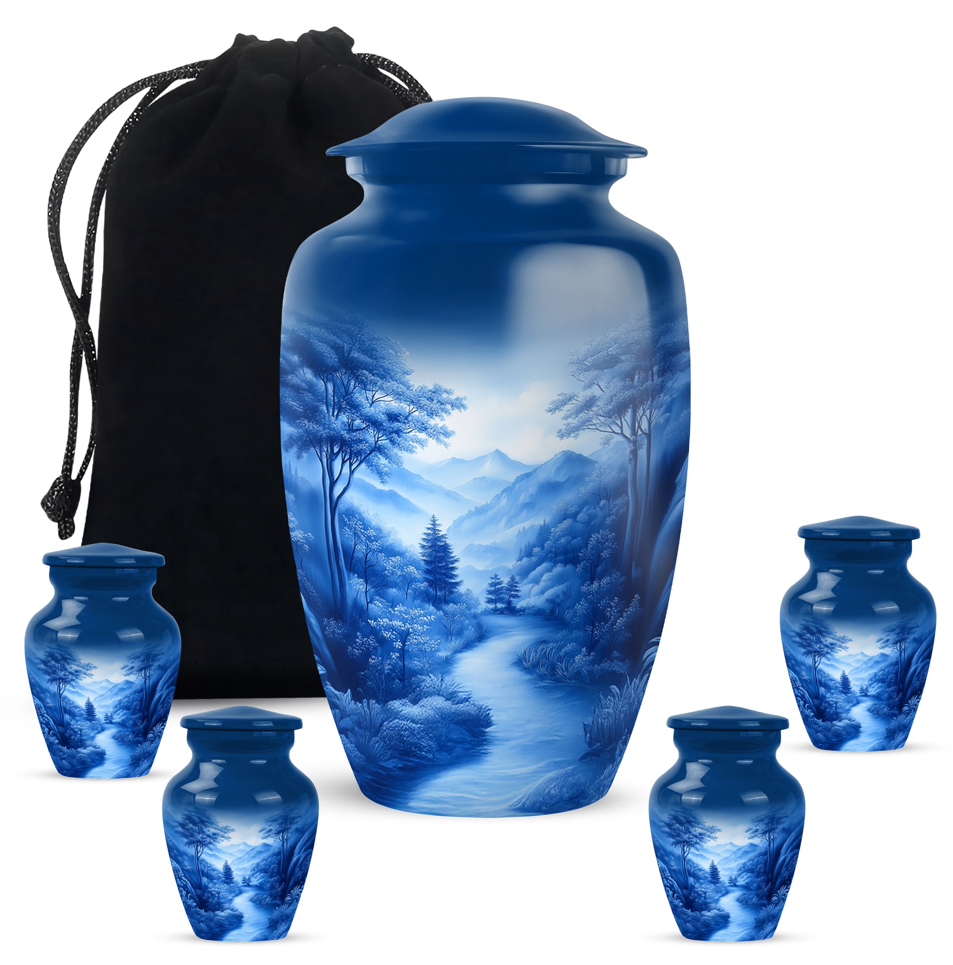 Indigo Blue Cremation Urn top-down view of secure threaded lid - classic sculpted blue pattern on smooth aluminum - memorial set with one large and four small urns