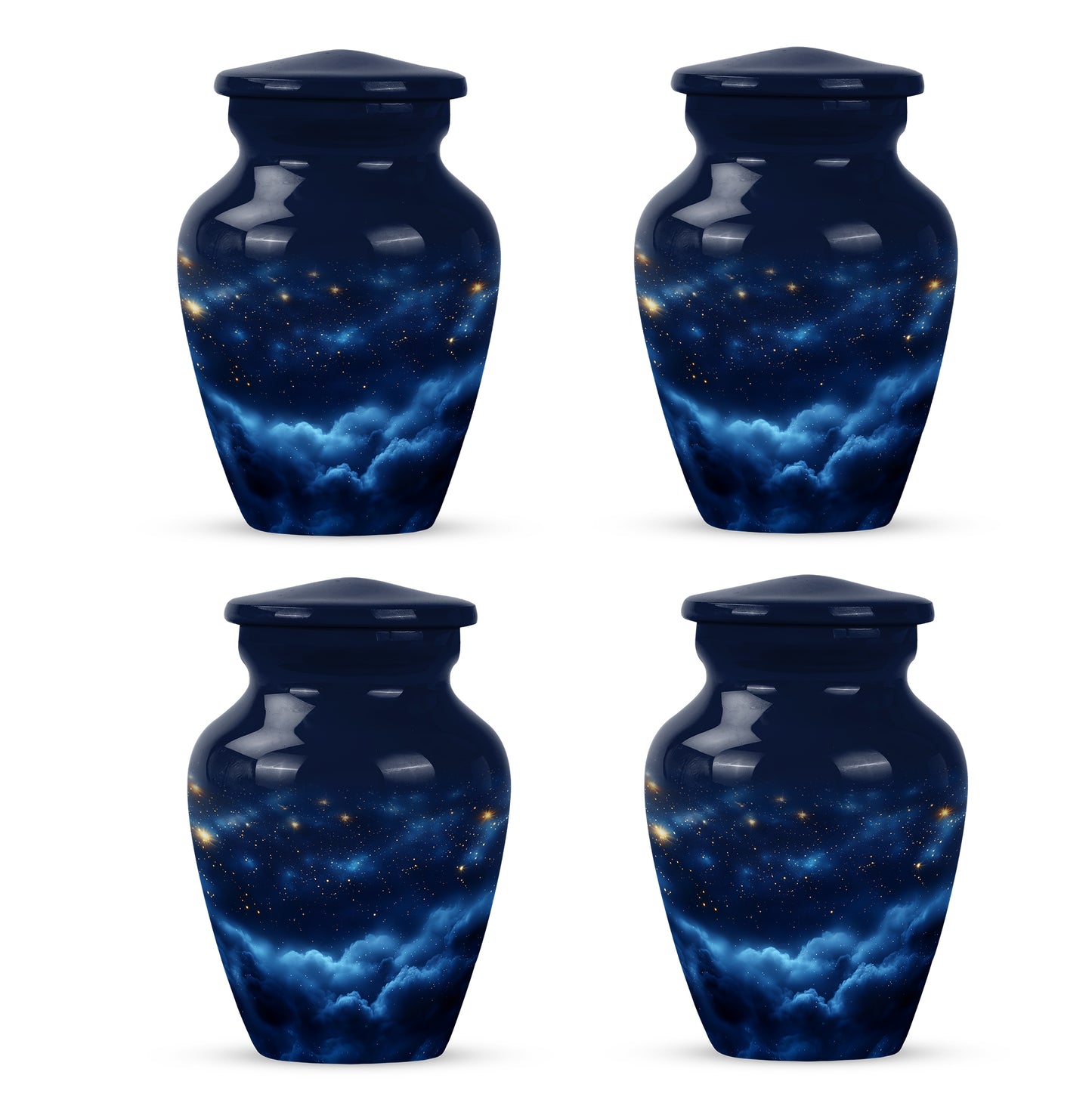 Indigo Blue Cremation Urn side profile showing urn shape - classic sculpted blue pattern on smooth aluminum - 10 inch aluminum urn for cremated remains