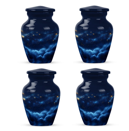 Indigo Blue Cremation Urn side profile showing urn shape - classic sculpted blue pattern on smooth aluminum - 10 inch aluminum urn for cremated remains