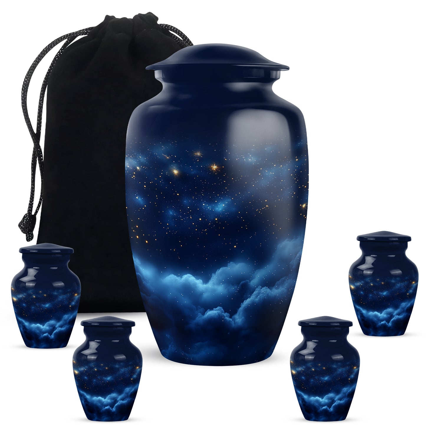 Royal Blue Blue Cremation Urn top-down view of secure threaded lid - elegant classic blue relief with fine detailing - memorial set with one large and four small urns
