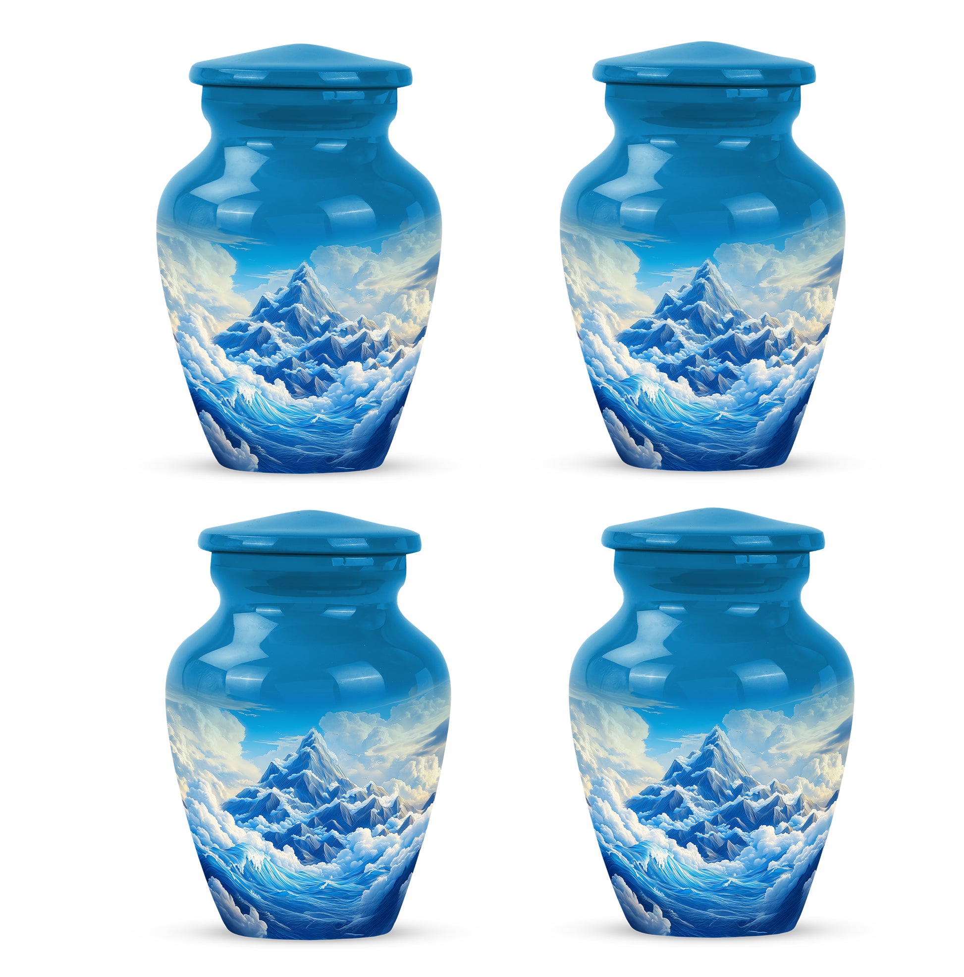 Serene Blue Blue Cremation Urn side profile showing urn shape - elegant classic blue relief with fine detailing - 10 inch aluminum urn for cremated remains