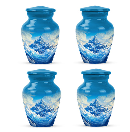 Serene Blue Blue Cremation Urn side profile showing urn shape - elegant classic blue relief with fine detailing - 10 inch aluminum urn for cremated remains