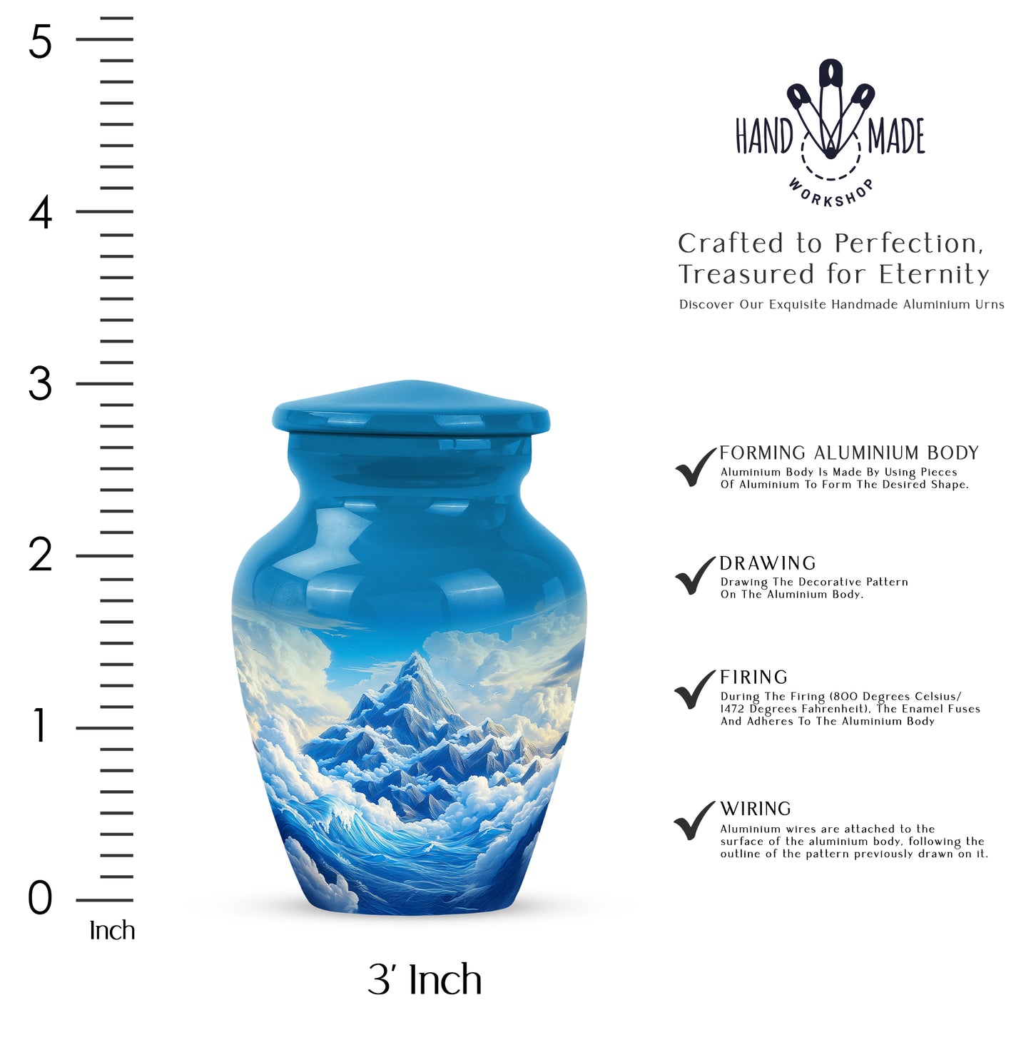 Sky Blue Blue Cremation Urn close-up of engraving and surface detail - classic sculpted blue pattern on smooth aluminum - mini keepsake memorial for portion of cremation ashes