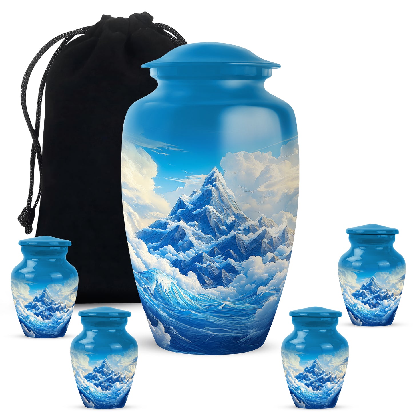 Steel Blue Blue Cremation Urn top-down view of secure threaded lid - traditional blue engraving with hand-polished finish - memorial set with one large and four small urns