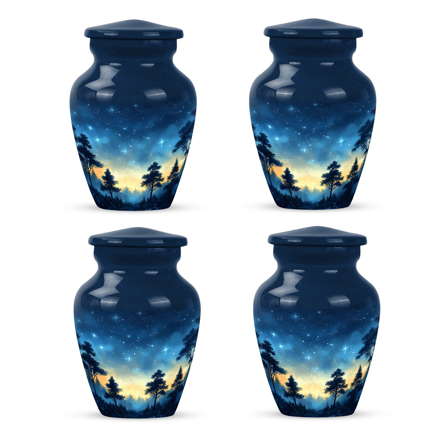 Indigo Blue Cremation Urn side profile showing urn shape - timeless blue motif etched into premium metal - 10 inch aluminum urn for cremated remains