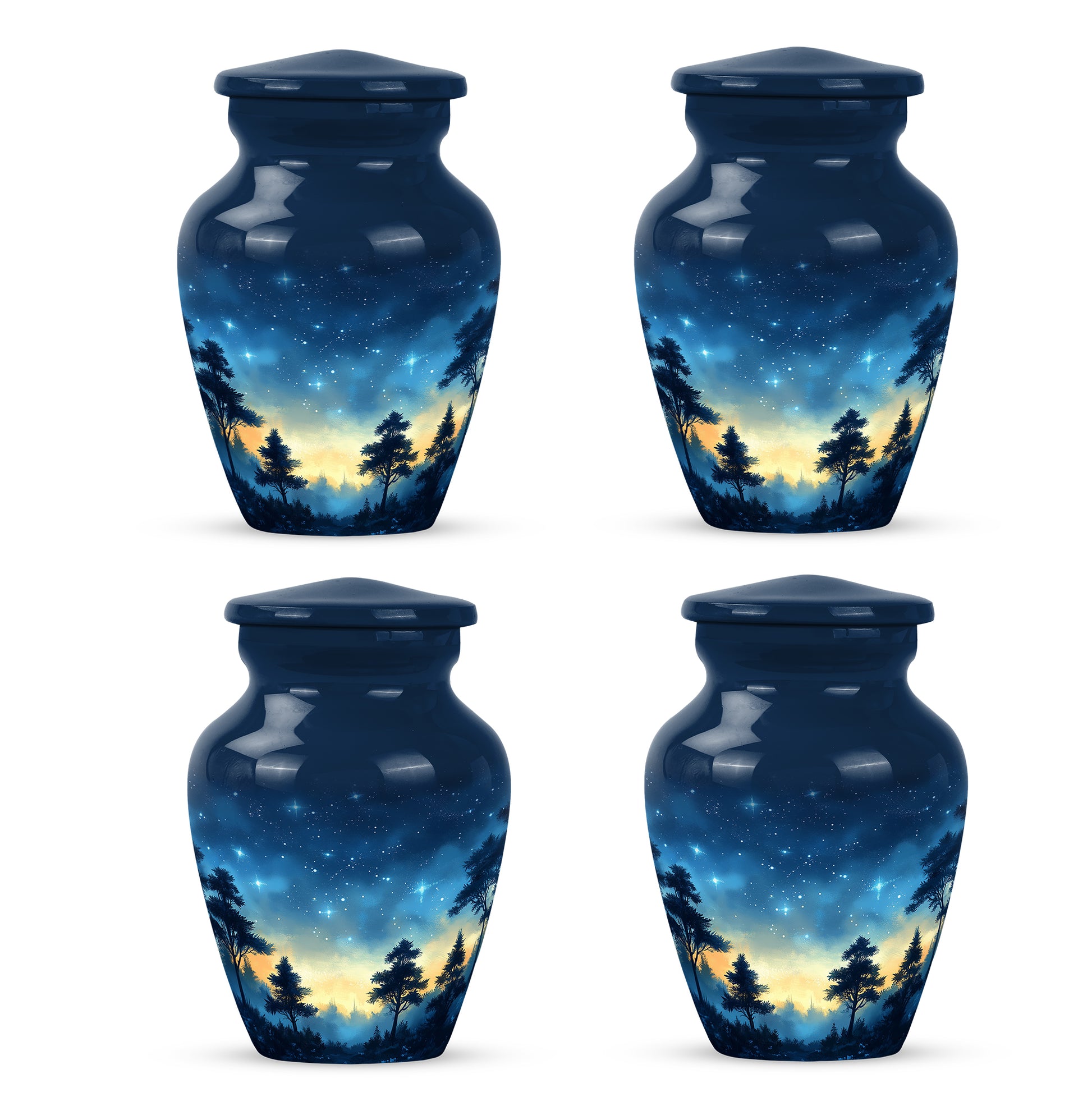 Indigo Blue Cremation Urn side profile showing urn shape - timeless blue motif etched into premium metal - 10 inch aluminum urn for cremated remains