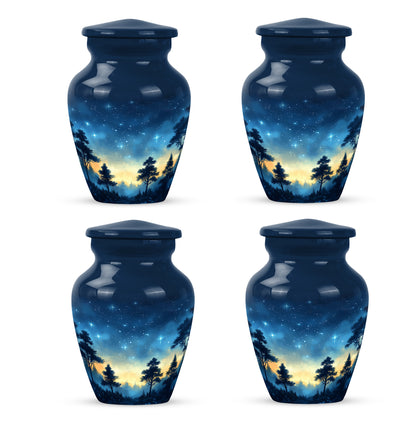Indigo Blue Cremation Urn side profile showing urn shape - timeless blue motif etched into premium metal - 10 inch aluminum urn for cremated remains