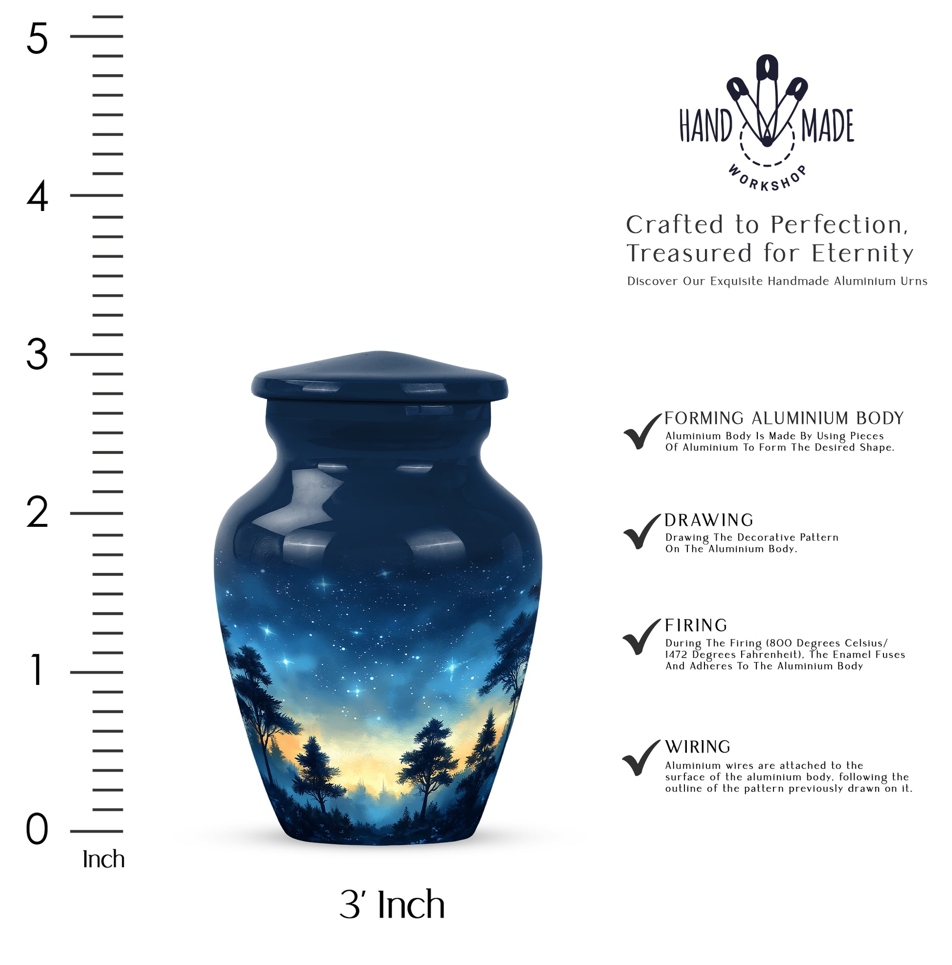 Navy Blue Blue Cremation Urn close-up of engraving and surface detail - classic sculpted blue pattern on smooth aluminum - mini keepsake memorial for portion of cremation ashes