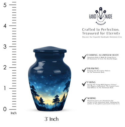Navy Blue Blue Cremation Urn close-up of engraving and surface detail - classic sculpted blue pattern on smooth aluminum - mini keepsake memorial for portion of cremation ashes