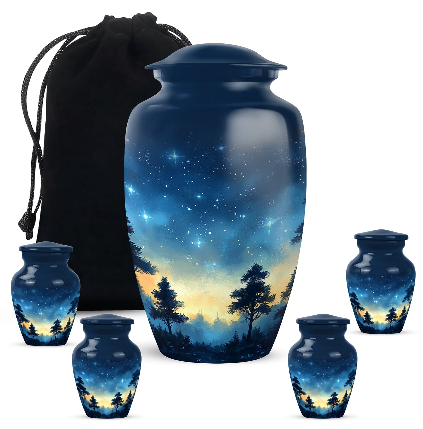 Sapphire Blue Blue Cremation Urn top-down view of secure threaded lid - elegant classic blue relief with fine detailing - memorial set with one large and four small urns