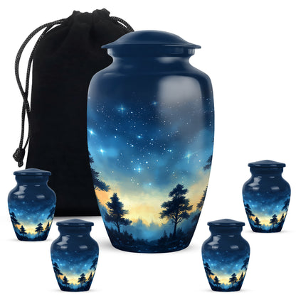 Sapphire Blue Blue Cremation Urn top-down view of secure threaded lid - elegant classic blue relief with fine detailing - memorial set with one large and four small urns