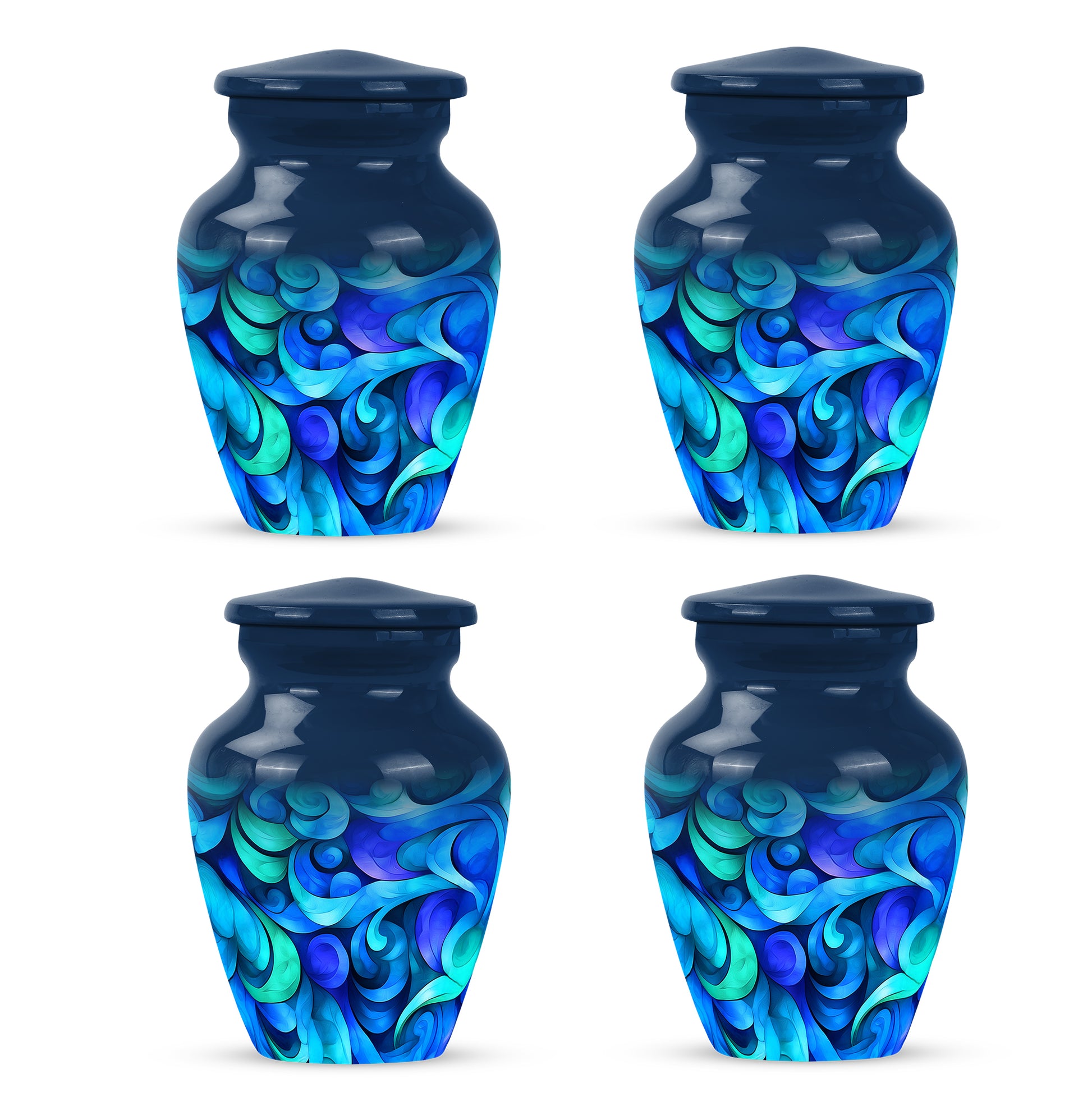 Royal Blue Blue Cremation Urn side profile showing urn shape - elegant classic blue relief with fine detailing - 10 inch aluminum urn for cremated remains