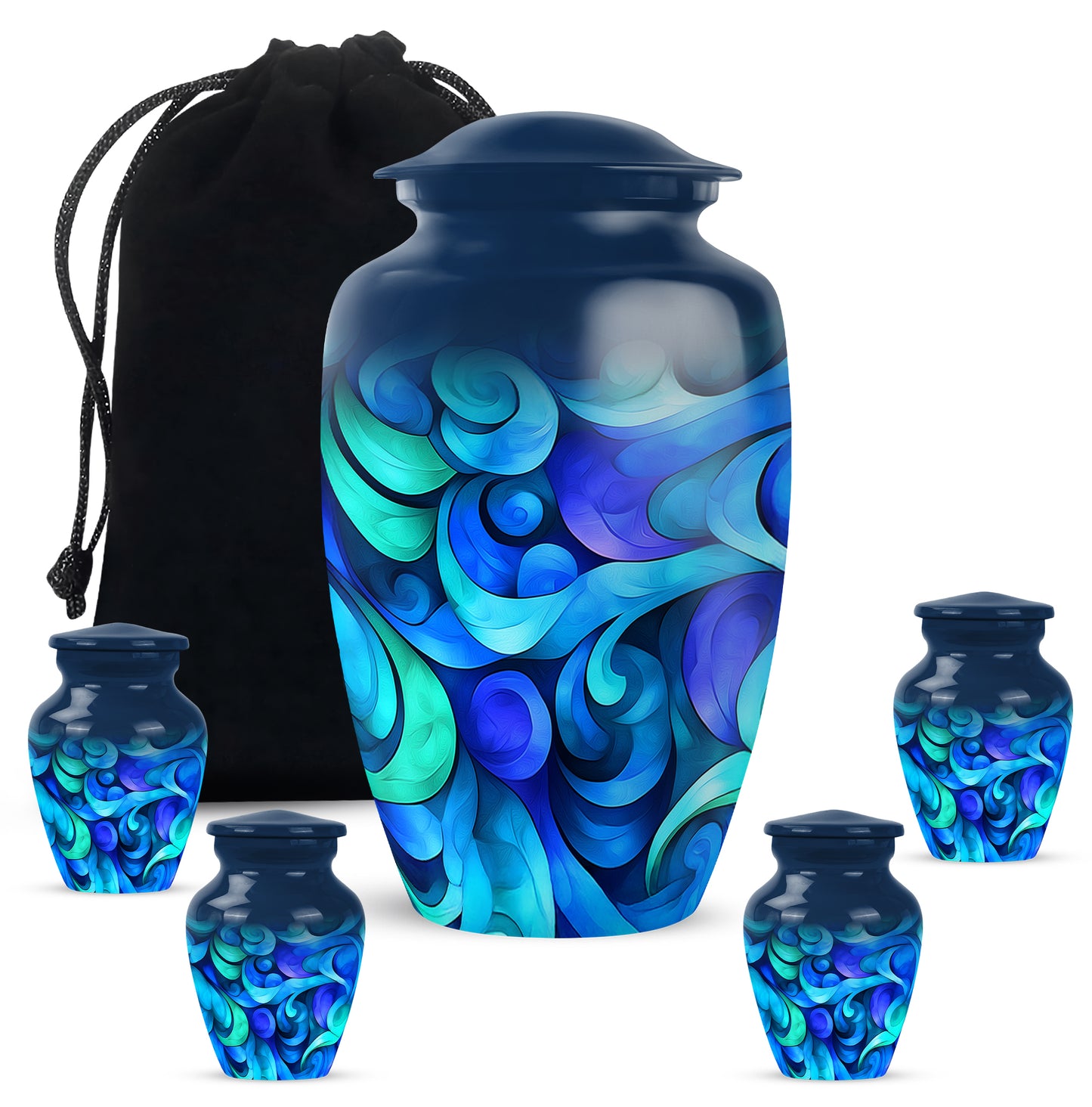 Powder Blue Blue Cremation Urn top-down view of secure threaded lid - classic sculpted blue pattern on smooth aluminum - memorial set with one large and four small urns