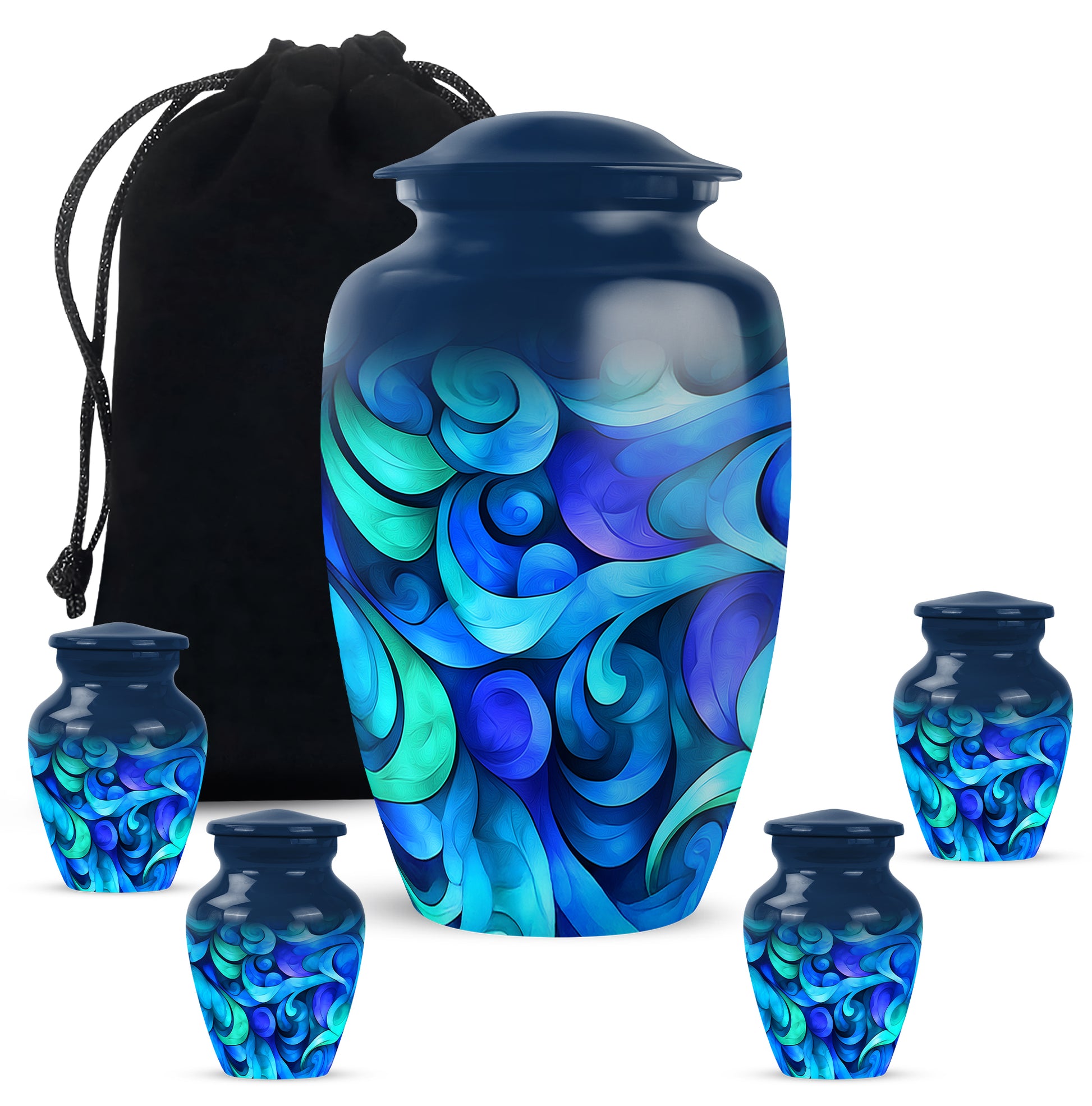 Powder Blue Blue Cremation Urn top-down view of secure threaded lid - classic sculpted blue pattern on smooth aluminum - memorial set with one large and four small urns