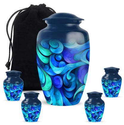 Powder Blue Blue Cremation Urn top-down view of secure threaded lid - classic sculpted blue pattern on smooth aluminum - memorial set with one large and four small urns