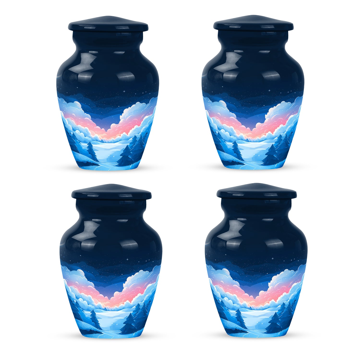 Slate Blue Blue Cremation Urn side profile showing urn shape - timeless blue motif etched into premium metal - 10 inch aluminum urn for cremated remains