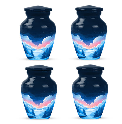 Slate Blue Blue Cremation Urn side profile showing urn shape - timeless blue motif etched into premium metal - 10 inch aluminum urn for cremated remains