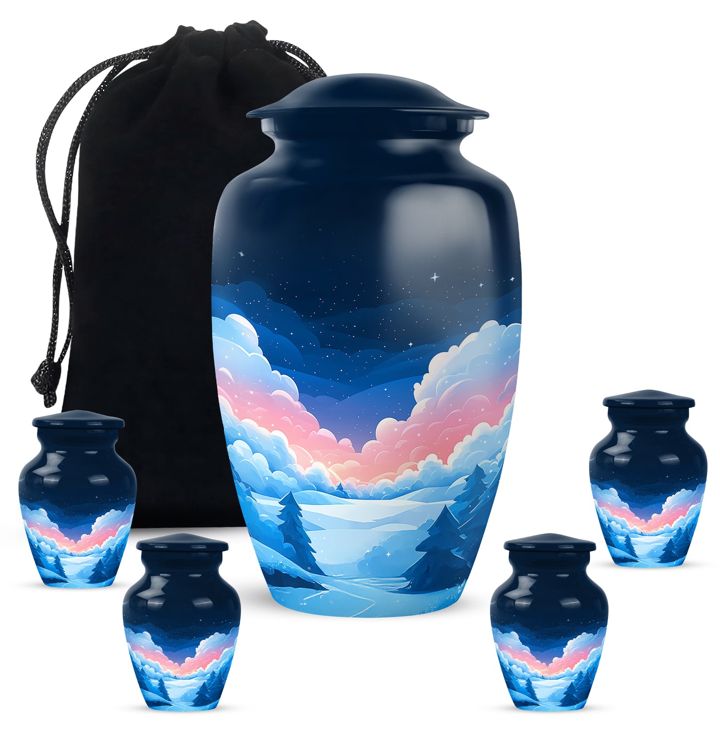 Sapphire Blue Blue Cremation Urn top-down view of secure threaded lid - traditional blue engraving with hand-polished finish - memorial set with one large and four small urns