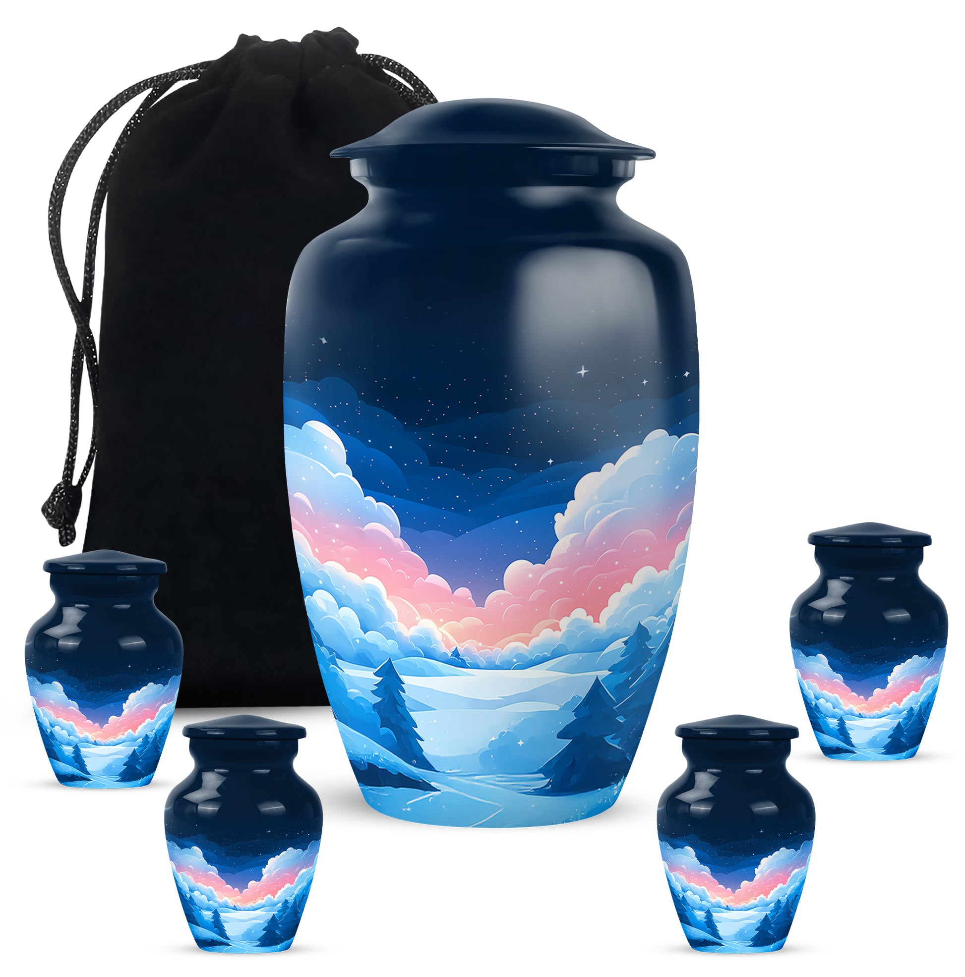 Sapphire Blue Blue Cremation Urn top-down view of secure threaded lid - traditional blue engraving with hand-polished finish - memorial set with one large and four small urns