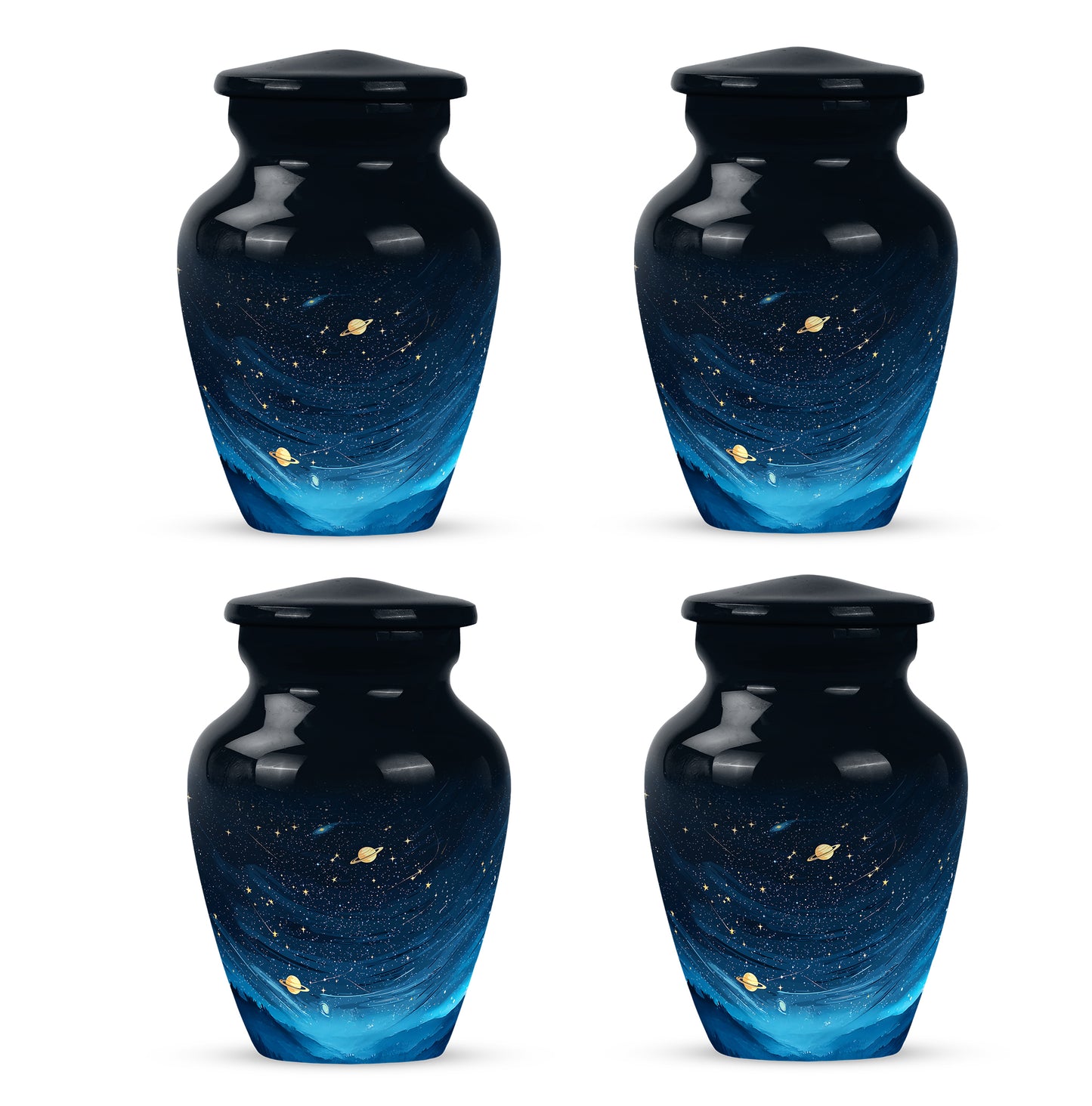Rich Black Blue Cremation Urn side profile showing urn shape - timeless blue motif etched into premium metal - 10 inch aluminum urn for cremated remains
