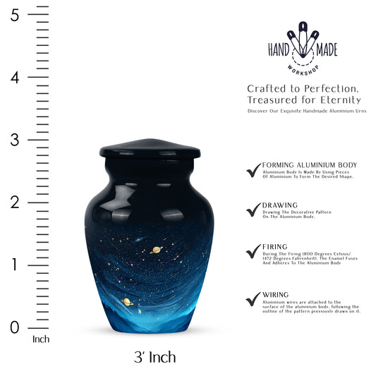 Midnight Black Blue Cremation Urn close-up of engraving and surface detail - traditional blue engraving with hand-polished finish - mini keepsake memorial for portion of cremation ashes