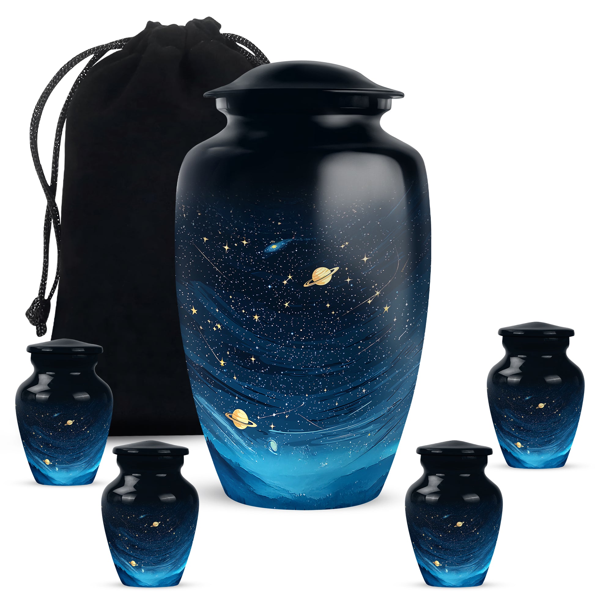 Dark Black Blue Cremation Urn top-down view of secure threaded lid - traditional blue engraving with hand-polished finish - memorial set with one large and four small urns