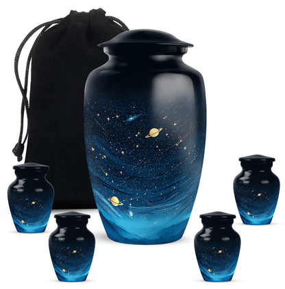 Dark Black Blue Cremation Urn top-down view of secure threaded lid - traditional blue engraving with hand-polished finish - memorial set with one large and four small urns