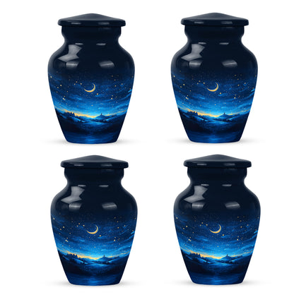 Celestial Blue Blue Cremation Urn side profile showing urn shape - classic sculpted blue pattern on smooth aluminum - 10 inch aluminum urn for cremated remains