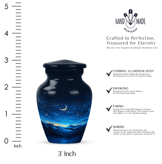 Cornflower Blue Blue Cremation Urn close-up of engraving and surface detail - traditional blue engraving with hand-polished finish - mini keepsake memorial for portion of cremation ashes