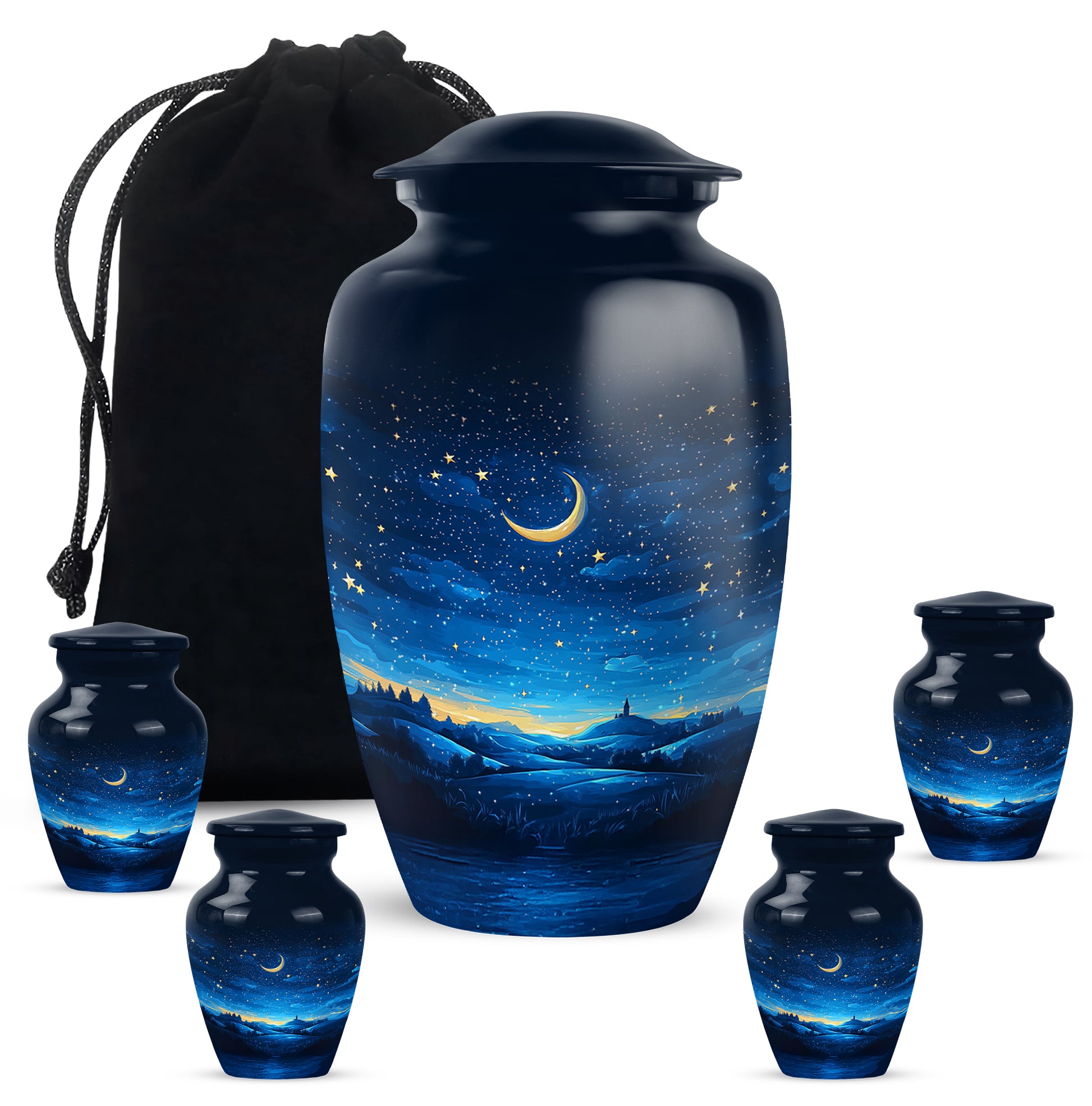 Serene Blue Blue Cremation Urn top-down view of secure threaded lid - elegant classic blue relief with fine detailing - memorial set with one large and four small urns
