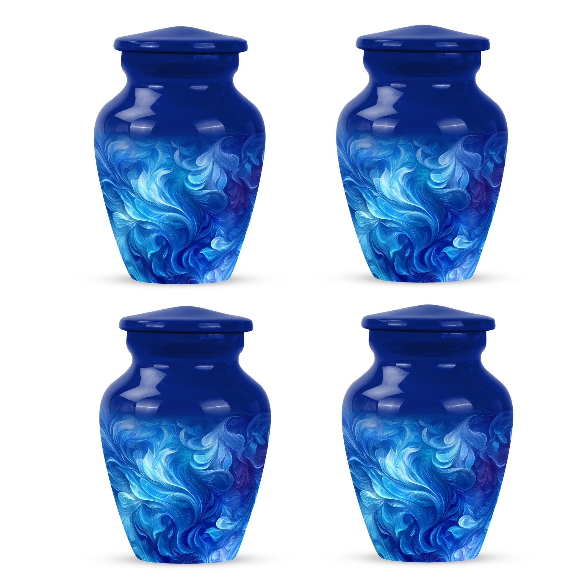 Sapphire Blue Blue Cremation Urn side profile showing urn shape - traditional blue engraving with hand-polished finish - 10 inch aluminum urn for cremated remains