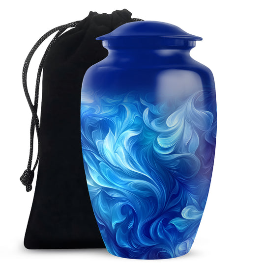 Slate Blue Blue Cremation Urn angled view of lid and engraved motif - classic sculpted blue pattern on smooth aluminum - full-size 10 inch 200 cubic inch adult cremation urn