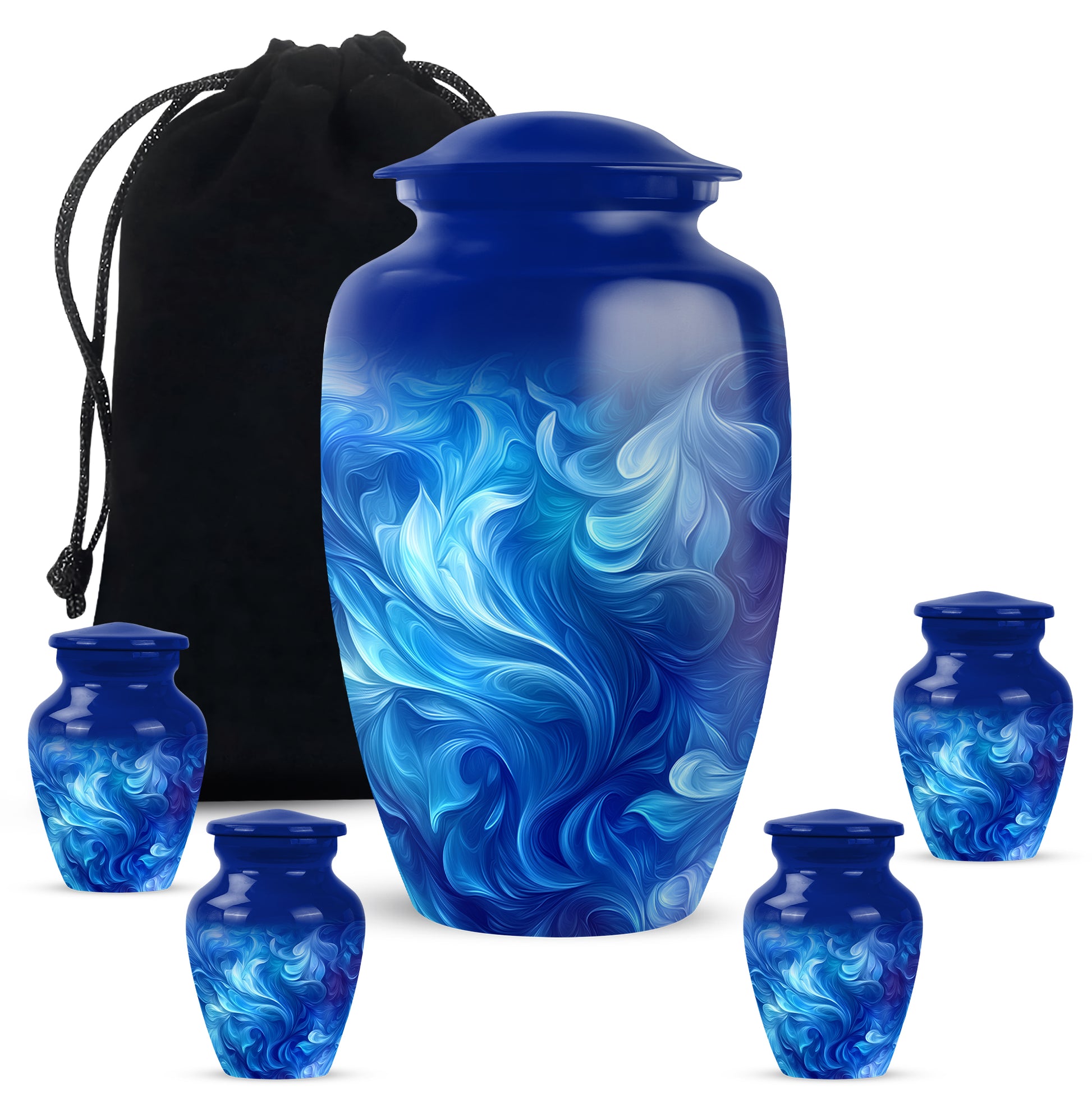 Calming Blue Blue Cremation Urn top-down view of secure threaded lid - traditional blue engraving with hand-polished finish - memorial set with one large and four small urns