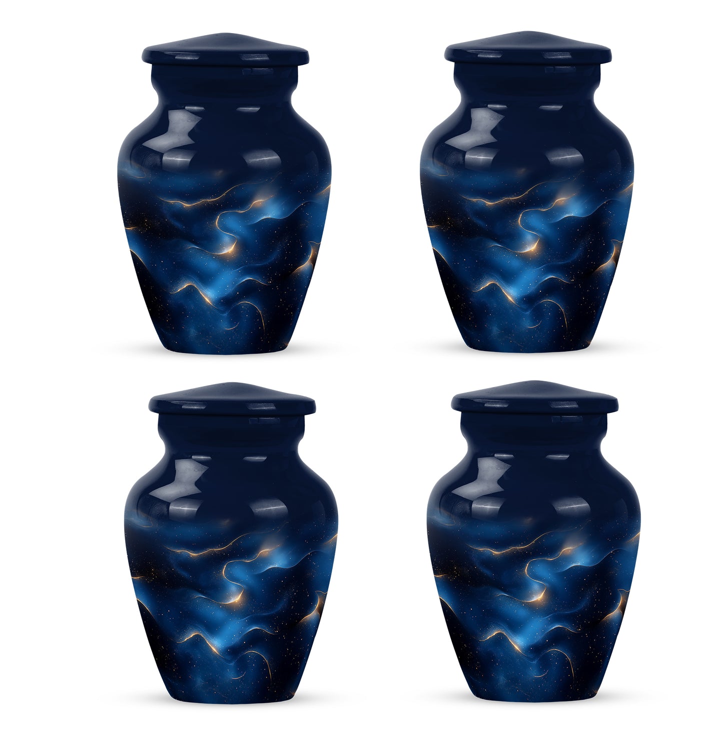 Dusty Blue Blue Cremation Urn side profile showing urn shape - timeless blue motif etched into premium metal - 10 inch aluminum urn for cremated remains