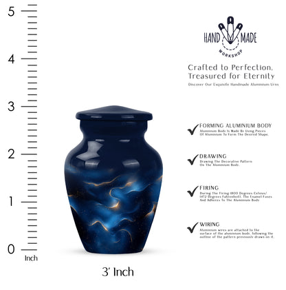 Serene Blue Blue Cremation Urn close-up of engraving and surface detail - traditional blue engraving with hand-polished finish - mini keepsake memorial for portion of cremation ashes
